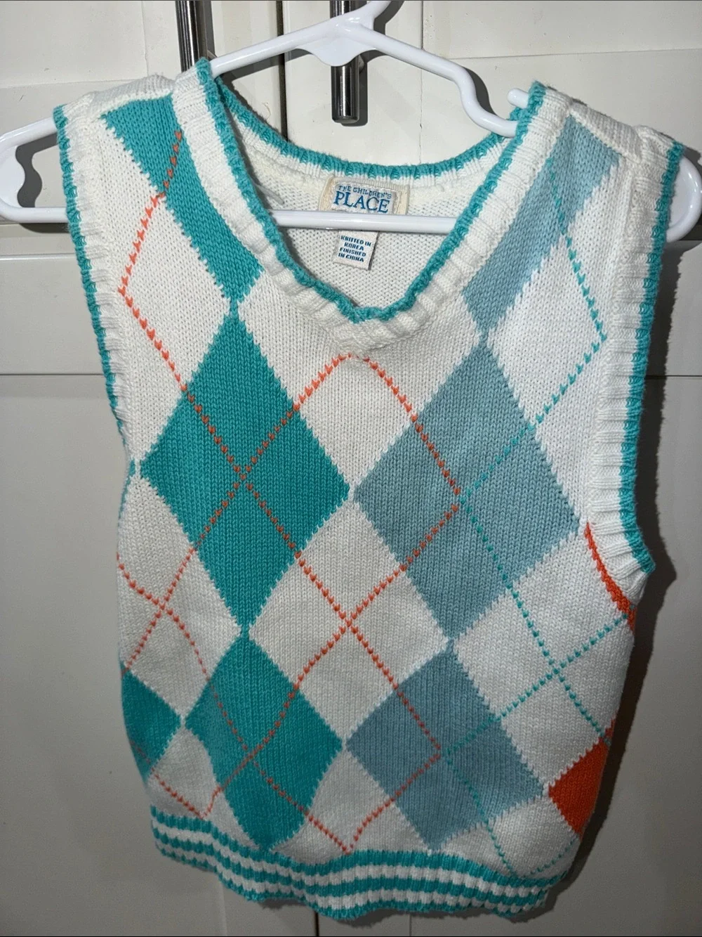 The Childrens Place Girls White & Teal Argyle Sweater Vest